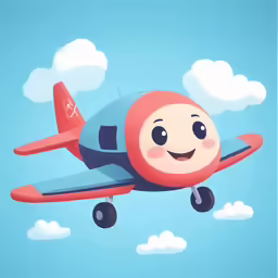 an animated red and blue airplane with eyes