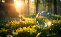 glass globe sitting in the grass at sunset