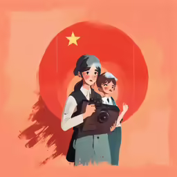 two people in an orange background, with a chinese flag