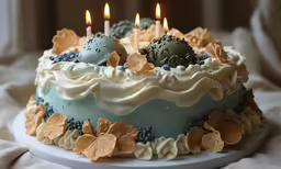 a cake with many candles is on a platter