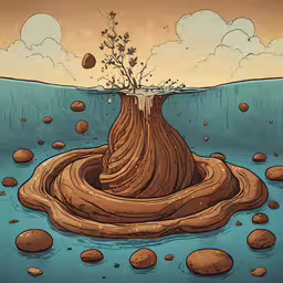 an image of water floating around a tree stump in a sea,a small amount of water is surrounding a tree stump