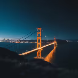 a suspension bridge lights up at night on the water