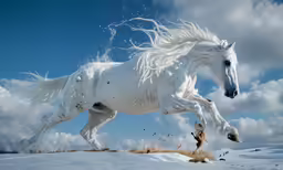 a white horse galloping through the snow in the wild