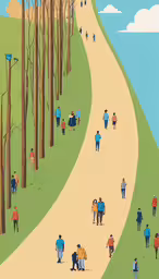 a painting of people walking up and down a road,people are walking up and down a path near trees