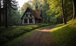 a house with a black roof is in the middle of a forest