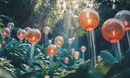 a group of glass candles sitting on top of a lush green park