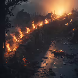 a field covered in yellow fire next to tall trees