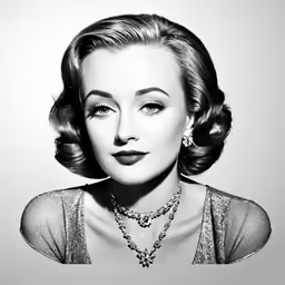 a woman wearing pearls and necklaces standing in front of a white wall