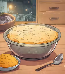 a pie and a bowl with some other dishes on the table,a pie is sitting next to two bowls of food