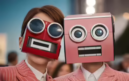 two people in suits with faces that have different eyes