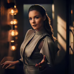 a woman with long hair stands near a window