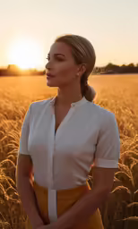 a girl with ponytail standing in front of a field of crops