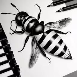 an insect sitting on a white paper next to three pens