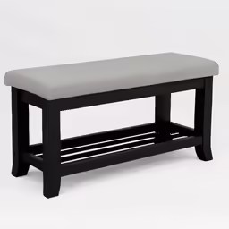 a wooden bench with a grey seat and black legs