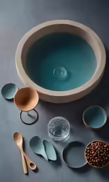 bowls, spoons and other kitchenware are set up in a bowl