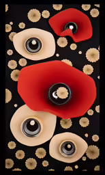 red flowers and two black round vases on black and white background