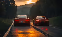 two vehicles driving down a road at night