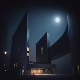 a group of modern buildings at night, the one is lit
