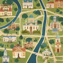 an illustrated map of a city and its buildings