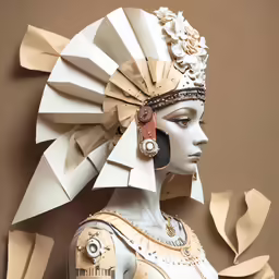 a white headpiece is displayed in front of a brown wall