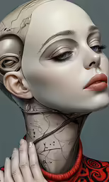 a robot - like woman wearing a red top with silver accents and a large, round red necklace