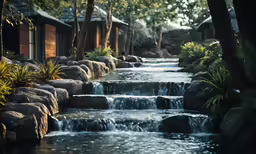 a waterfall coming down from a small cabin