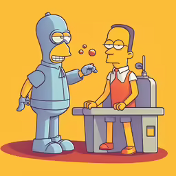 a man and simpsons characters having a conversation