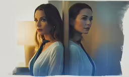 woman with brown hair and blue blouse looking at mirror