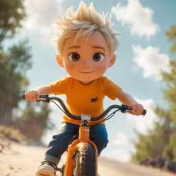 the little boy is riding on the bike