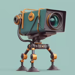 an animated camera is attached to the legs of an robot