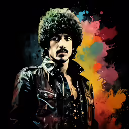 the man with the curly hair is wearing a leather jacket