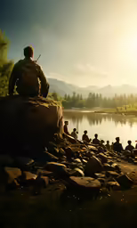 a group of people sitting on top of rocks near the water