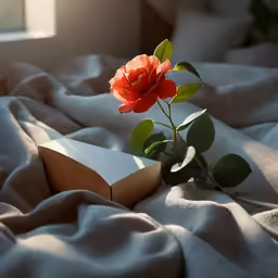 there is a rose on the table that is sitting in the bed