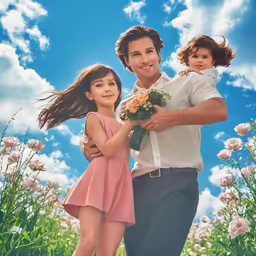 a couple holds their daughters as they stand in front of a field of flowers and a blue sky