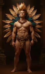 a man with a massive amount of feathers on his head and shoulders