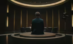a man in a dark room on set with his back to the camera