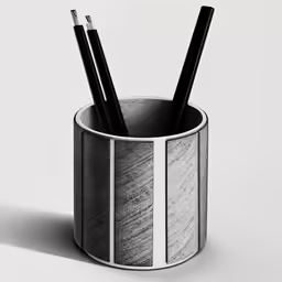 black and white pencil drawing of two pens in a pen holder