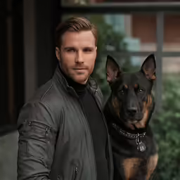 a man poses with his dog in front of a window