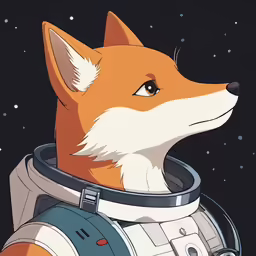 a fox in a space suit looks off into the distance