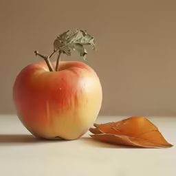 an apple sitting next to an apple leaf on a white surface