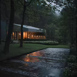 a rain soaked walkway with lighted building in the background