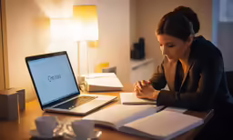 a woman sitting at a table with open books and a laptop computer