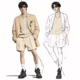 two men in different outfits and shoes on a runway