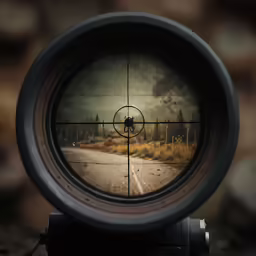 a rifle scope is positioned over a dirt and grass covered field
