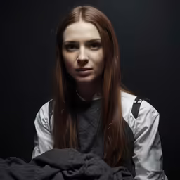a woman with long hair sitting in front of a black backdrop