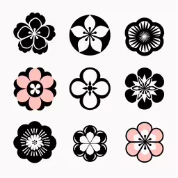 a variety of flower designs on a white background,nine oriental flower logos with black and pink colors