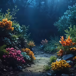 flowers on the ground and rocks in the woods