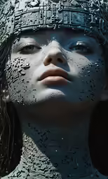 a woman with a face made of various pieces of metal