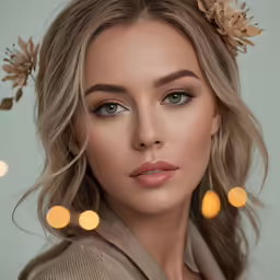 woman with blue eyes and autumn makeup looks at camera