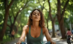 a beautiful woman in a yoga position while holding her eyes closed